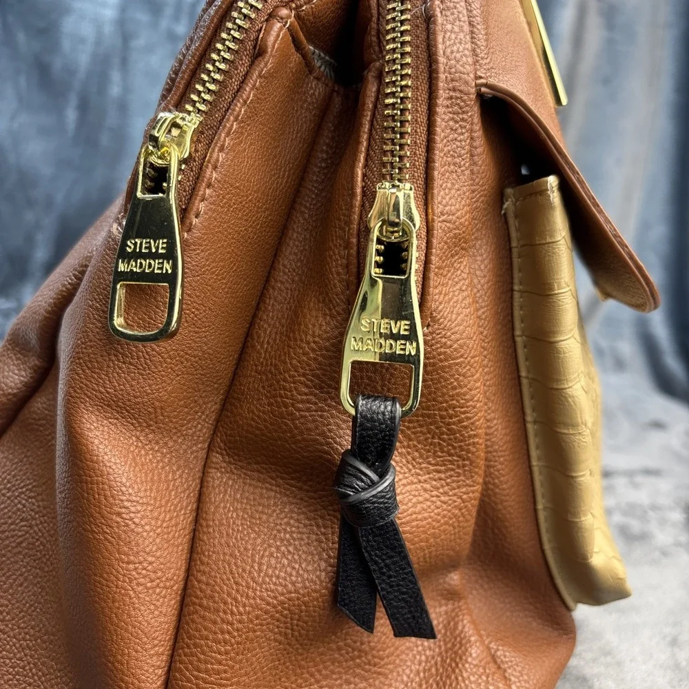 Steve Madden Satchel Frances Pebbled Snake Faux Leather Brown Gold‎ Tone Retro